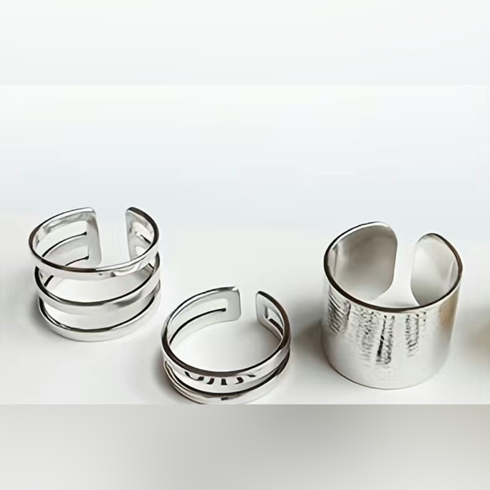3 Piece Set, Unisex Simple Classic Unisex Adjustable Cuff Rings, Silver